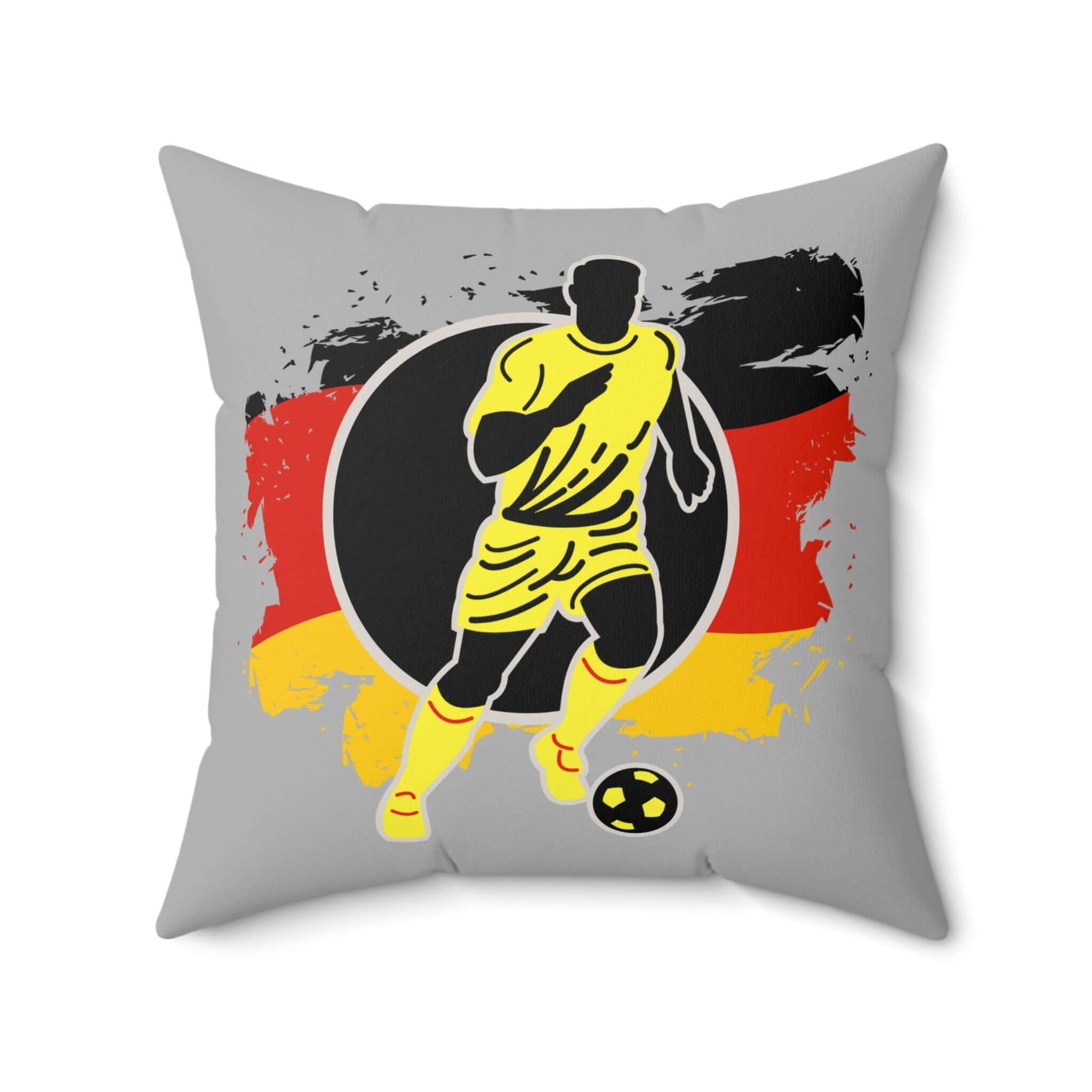 Kissen aus gesponnenem Polyester mit Fußball, quadratisches Design, ideal für Sportbegeisterte, graues Kissen mit Fußballmotiv.