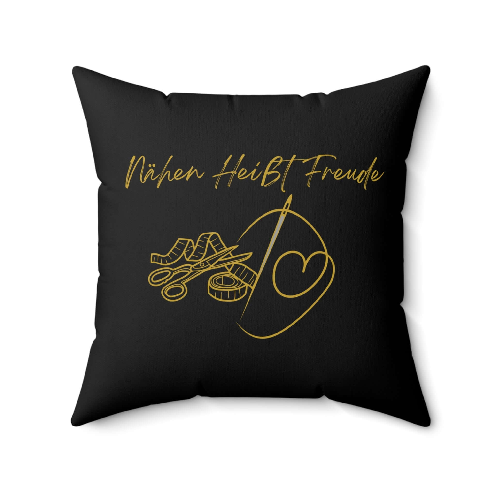 Kissen Nähbegeisterte- Dekor für Bastler, Geschenk, stilvolles schwarzes Kissen mit goldener Nähgrafik und Schriftzug "Nähen Heißt Freude"