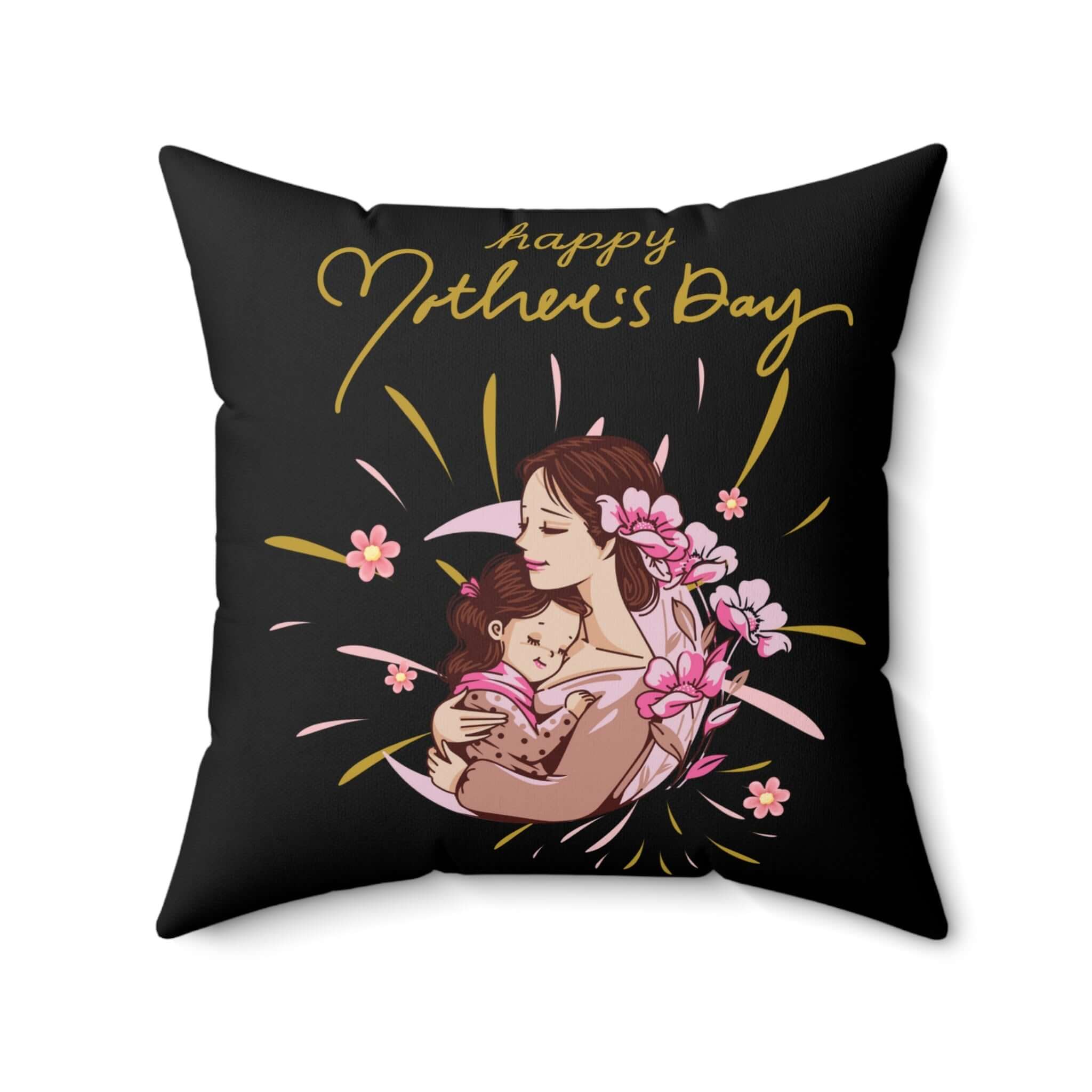 Kissen zum Muttertag, Geschenk für Mama mit Mutter und Kind Illustration auf schwarzem Hintergrund