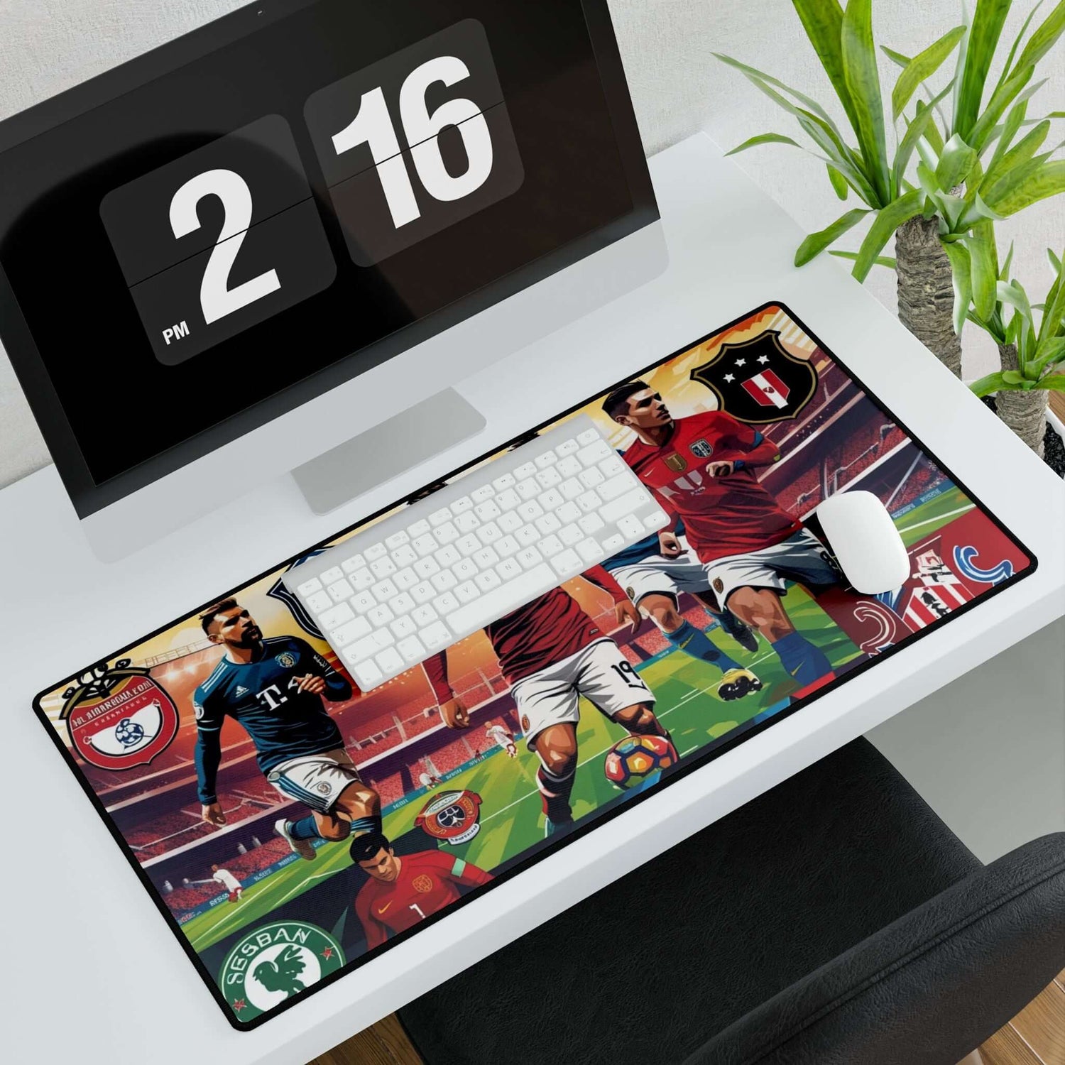 Fußball Schreibtischmatte, Gaming mit lebendigem Fußball-Design auf einem modernen Arbeitsplatz mit Schreibtischunterlagen