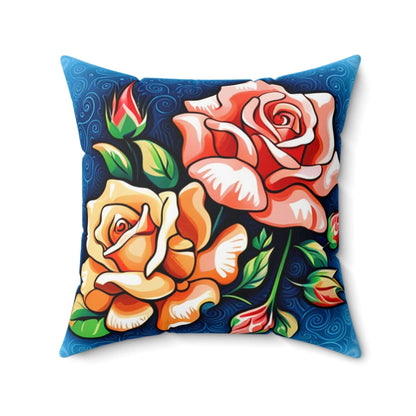 Lebendiges Blumenkissen Boho Home Dekor Rosen Akzentkissen mit farbenfrohem Rosendruck auf tiefblauem Hintergrund für stilvolle Wohnkultur.