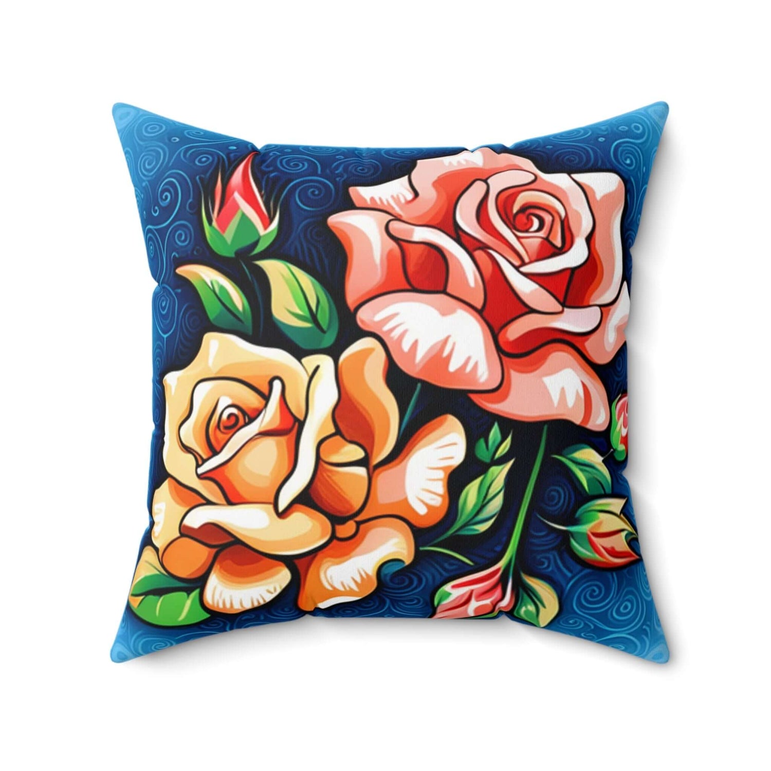 Lebendiges Blumenkissen Boho Home Dekor Rosen Akzentkissen mit bunten Rosen auf tiefblauem Hintergrund, ideales Wohnaccessoire.