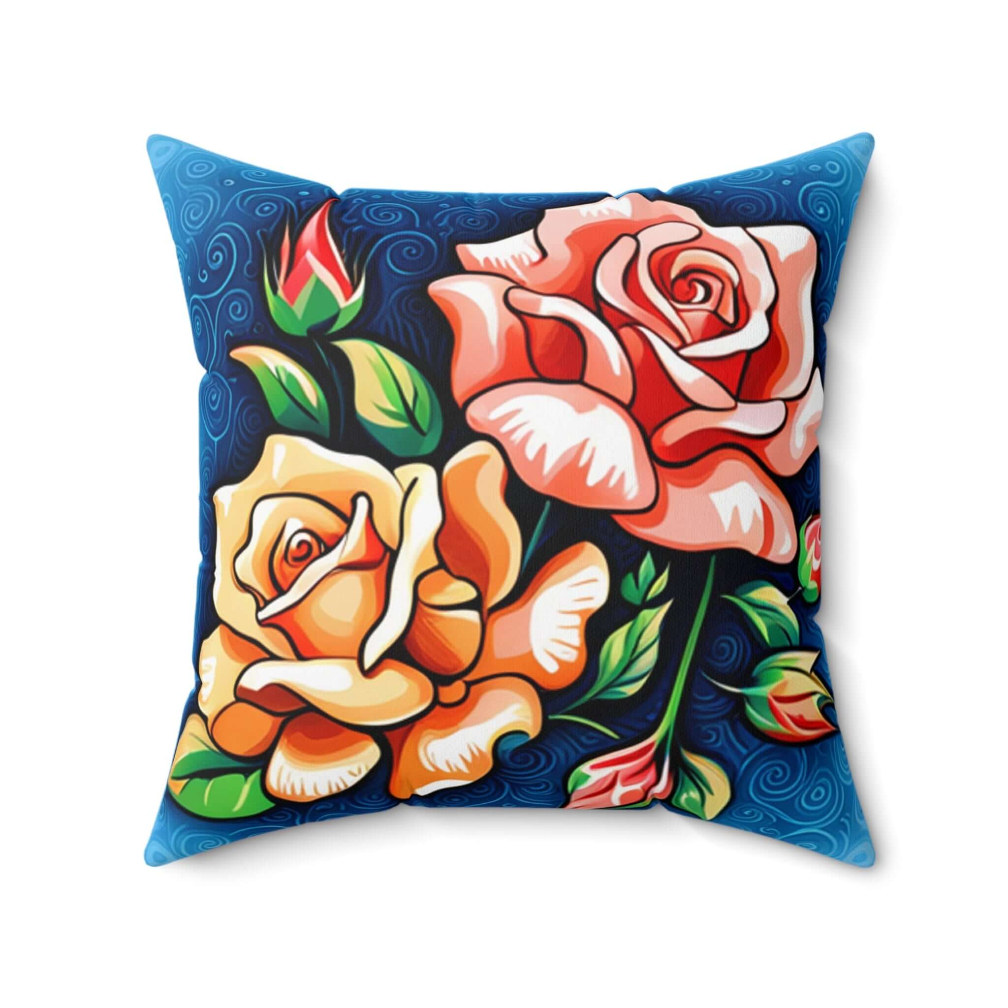 Lebendiges Blumenkissen Boho Home Dekor Rosen Akzentkissen mit bunten Rosen auf tiefblauem Hintergrund, ideales Wohnaccessoire.