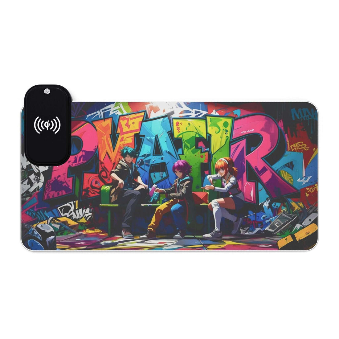 LED-Gaming-Mauspad – Kabelloses Laden, buntes Graffiti-Design - Design-Familientruhe