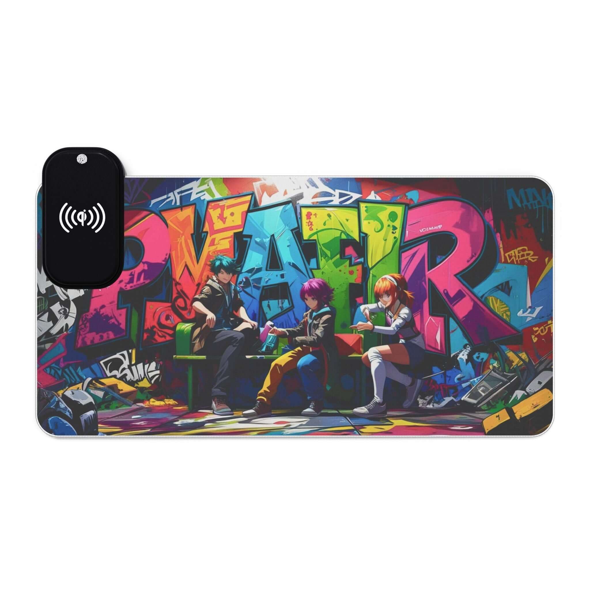 LED-Gaming-Mauspad – Kabelloses Laden, buntes Graffiti-Design - Design-Familientruhe