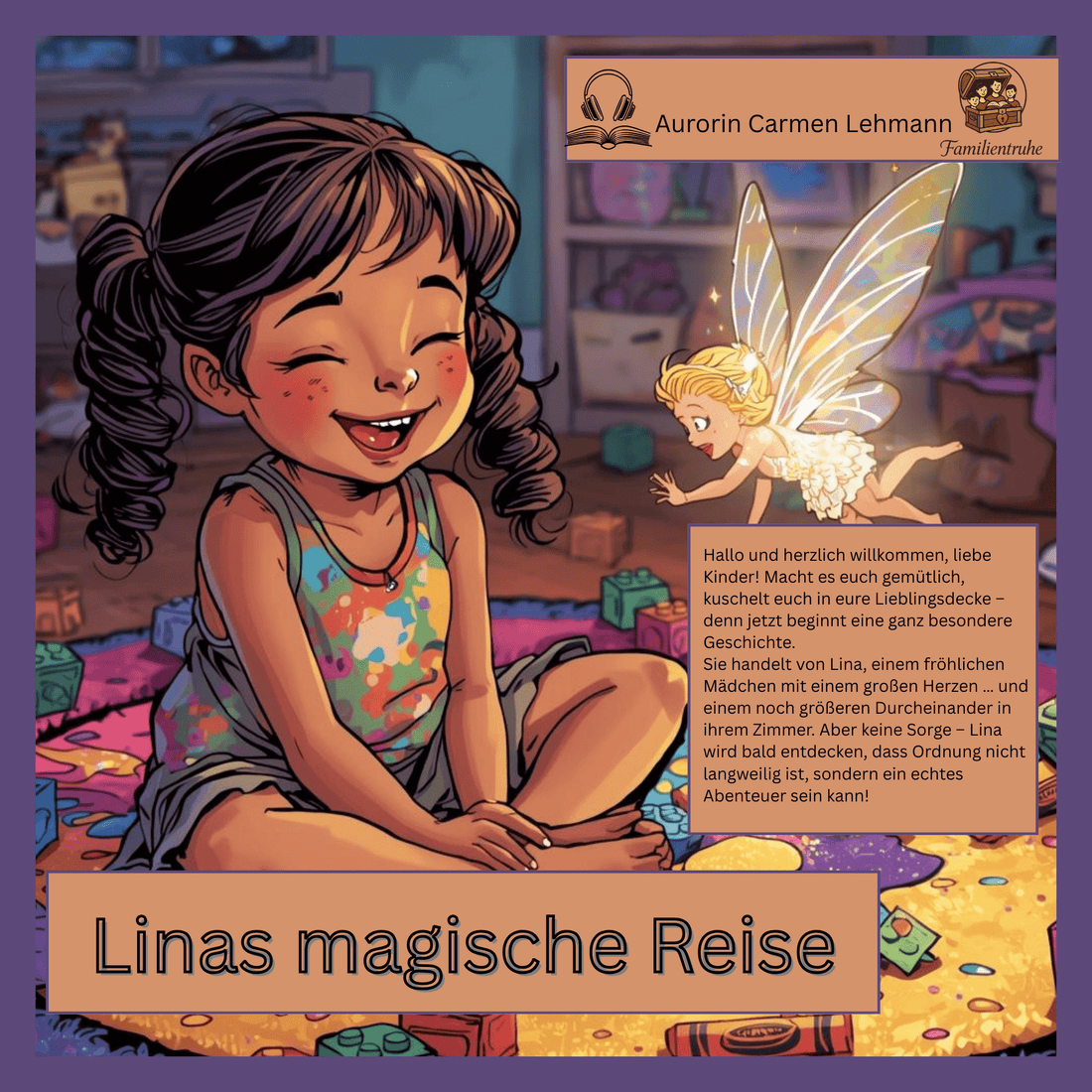 "Linas magische Reise – Ein Abenteuer für Kinder" Hörbuch Cover mit Lina und einem magischen Wesen