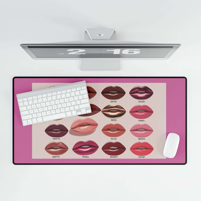 Lippenstiftfarben Schreibtischunterlage Glamouröses Bürodekor mit farbenfrohem Lippen-Design auf einem modernen Büroschreibtisch.