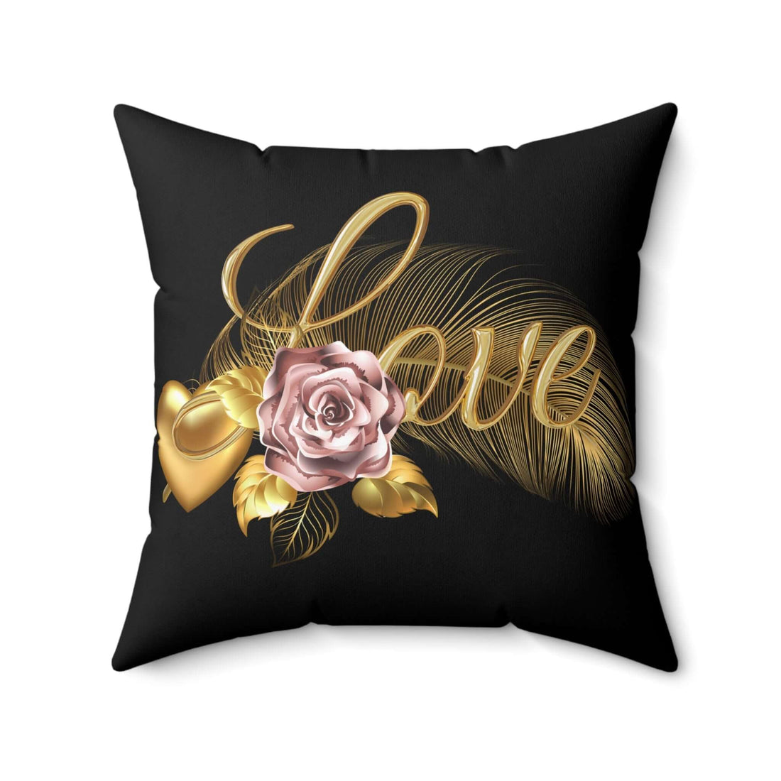 Dekokissen für romantische Wohnräume mit elegantem Design, goldener Schrift und rosafarbenen Blüten auf schwarzem Hintergrund