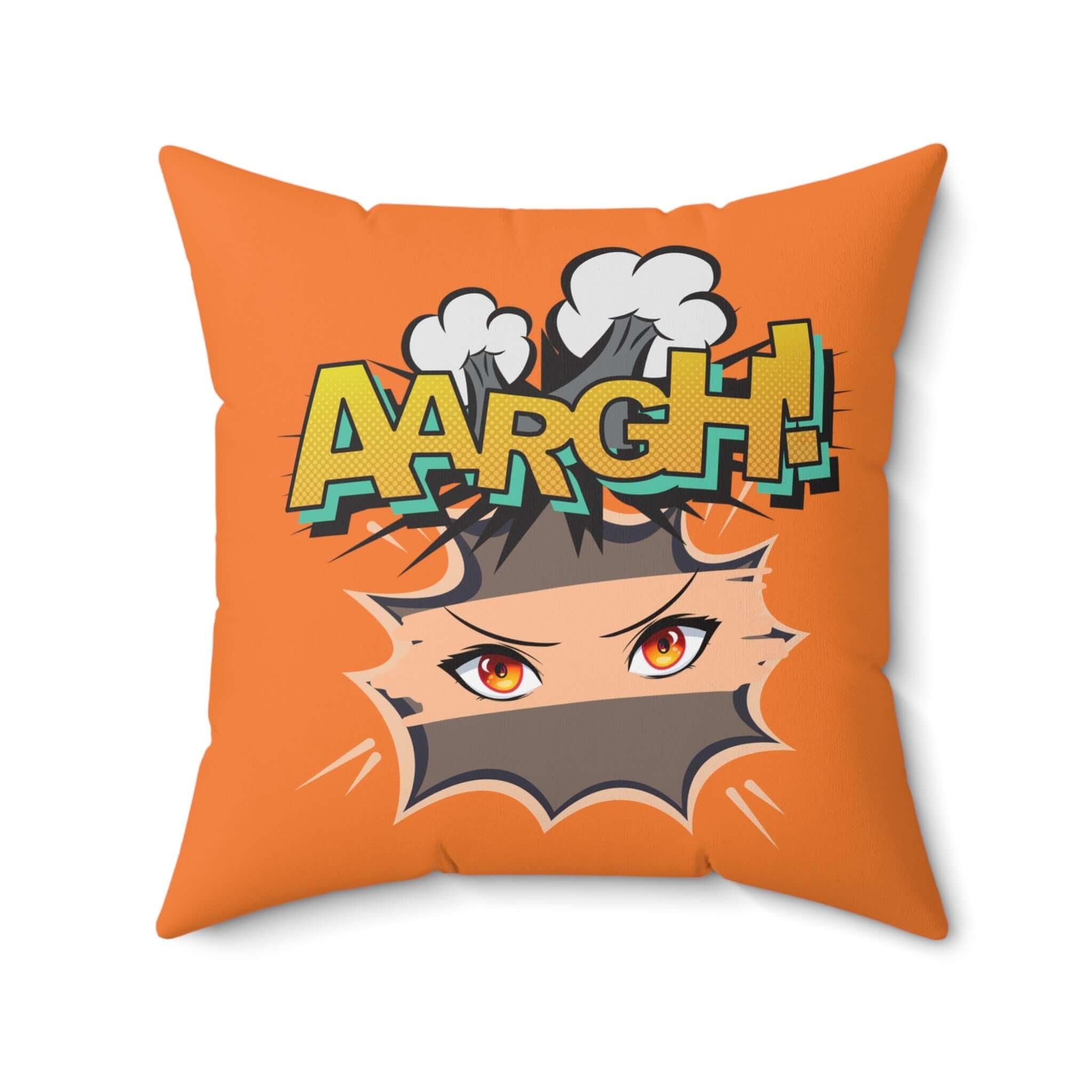 Lustiges Cartoon-Vulkan-Kissen, Wohndeko, Geschenk für Kinder, orange Kissen mit Comic-Rauch und Text &