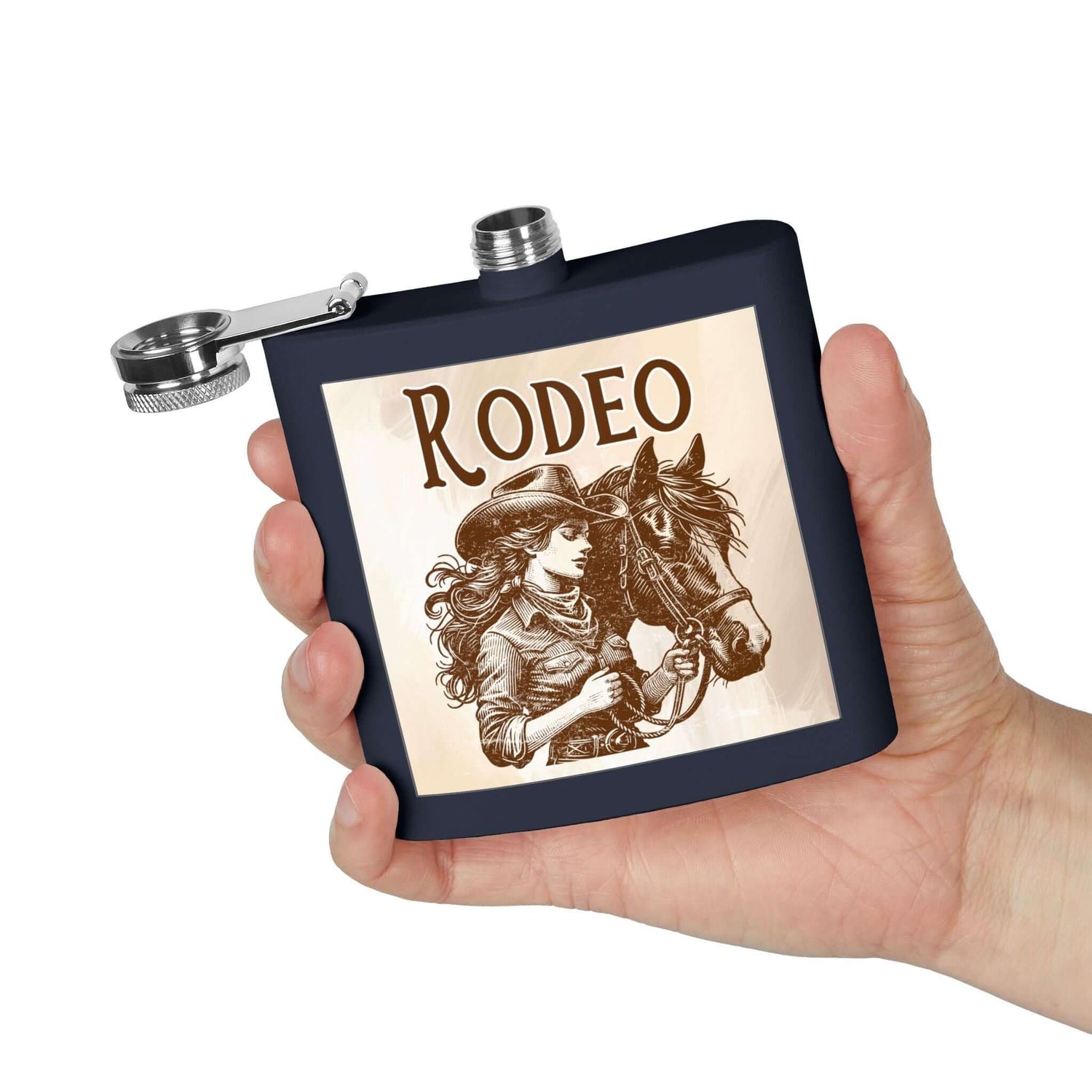 Magischer Flachmann aus Edelstahl mit Westernmotiv in Hand