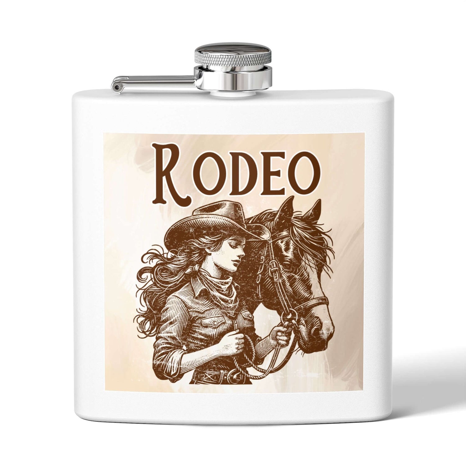 Magischer Flachmann aus Edelstahl mit Western-Motiv "Rodeo" und Cowboy-Design, ideal als Geschenk für Westernfans.