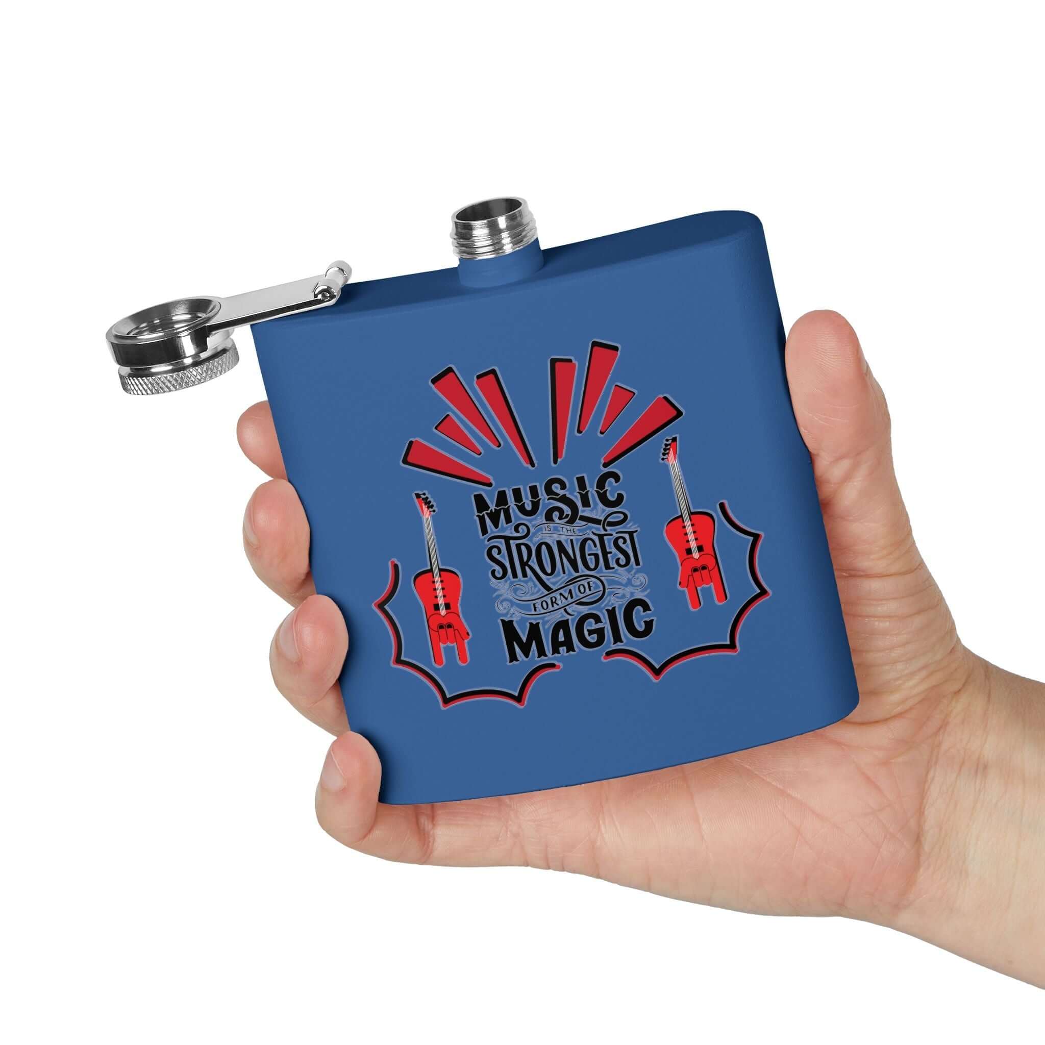 Hand holding a Music Magic Edelstahl-Flachmann with guitar and magical design, ideal gift for music lovers, sold as stainless steel flask for soldiers.