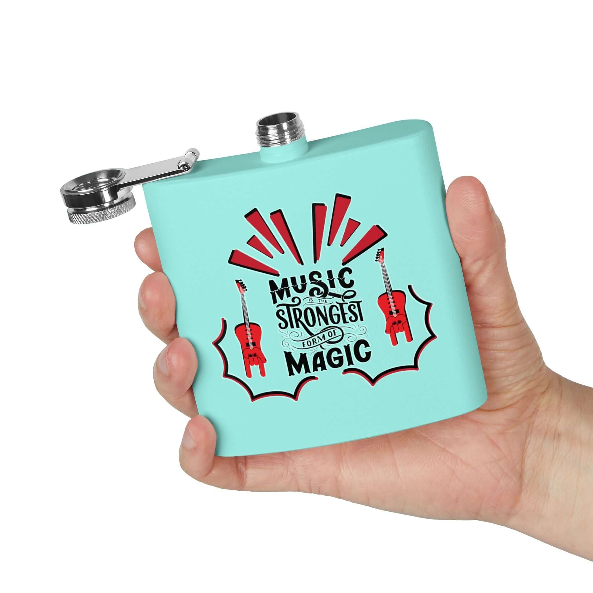 Music Magic Edelstahl-Flachmann in Hand mit Musikmotiv, ideales Geschenk für Musikliebhaber, Edelstahl-Flachmann für Soldaten Details