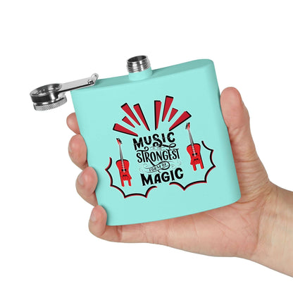 Music Magic Edelstahl-Flachmann in Hand mit Musikmotiv, ideales Geschenk für Musikliebhaber, Edelstahl-Flachmann für Soldaten Details