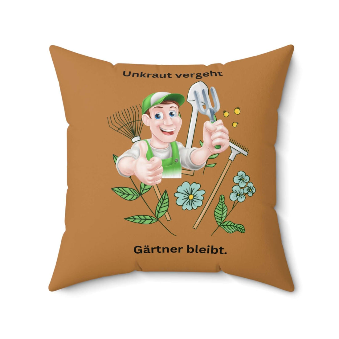 Quadratisches Gärtnerkissen Geschenk mit Gartenzubehör und Spruch - Unkraut vergeht Gärtner bleibt