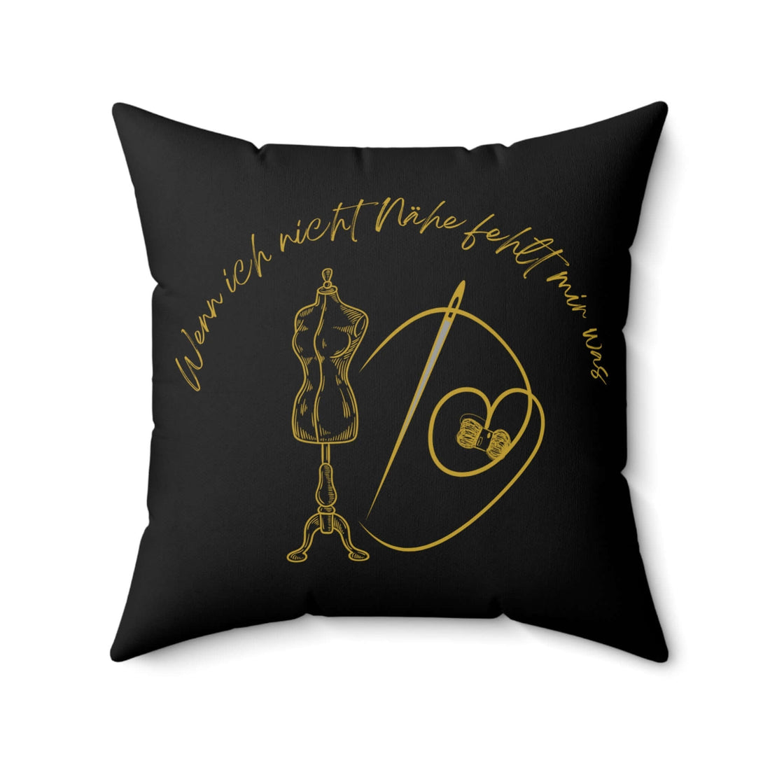 Quadratisches Kissen aus gesponnenem Polyester Motiv Nähen mit Nähmotiv und goldener Aufschrift auf schwarzem Hintergrund