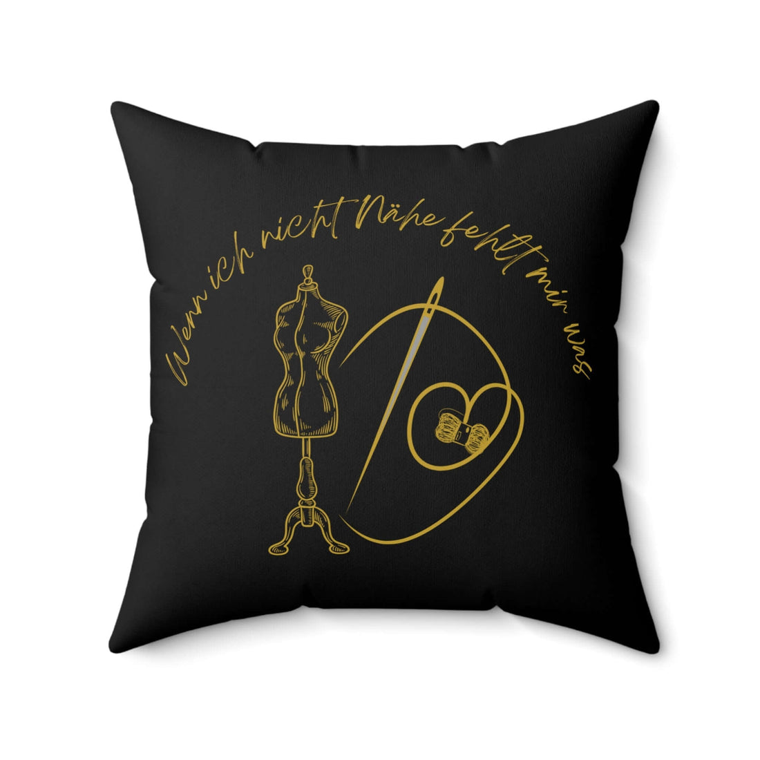 Schwarzes quadratisches Kissen aus gesponnenem Polyester Motiv Nähen mit goldener Schrift und Nähsymbolen, 20" × 20".
