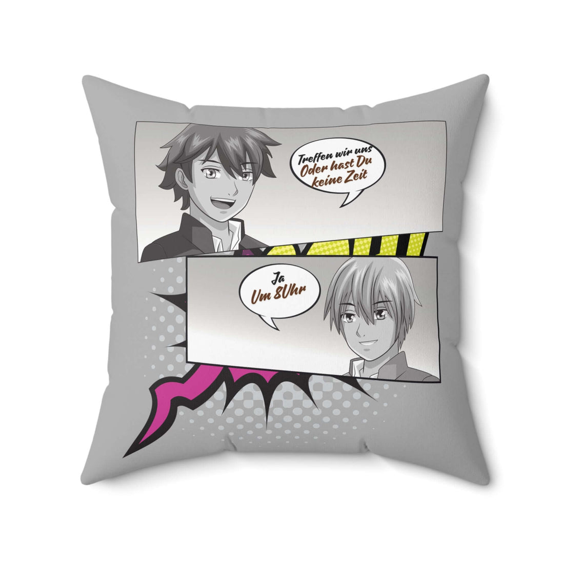 Quadratisches Kissen im Comic- Manga Anime mit zweifarbigen Figuren und Sprechblasen, lustige und lebendige Designakzente.