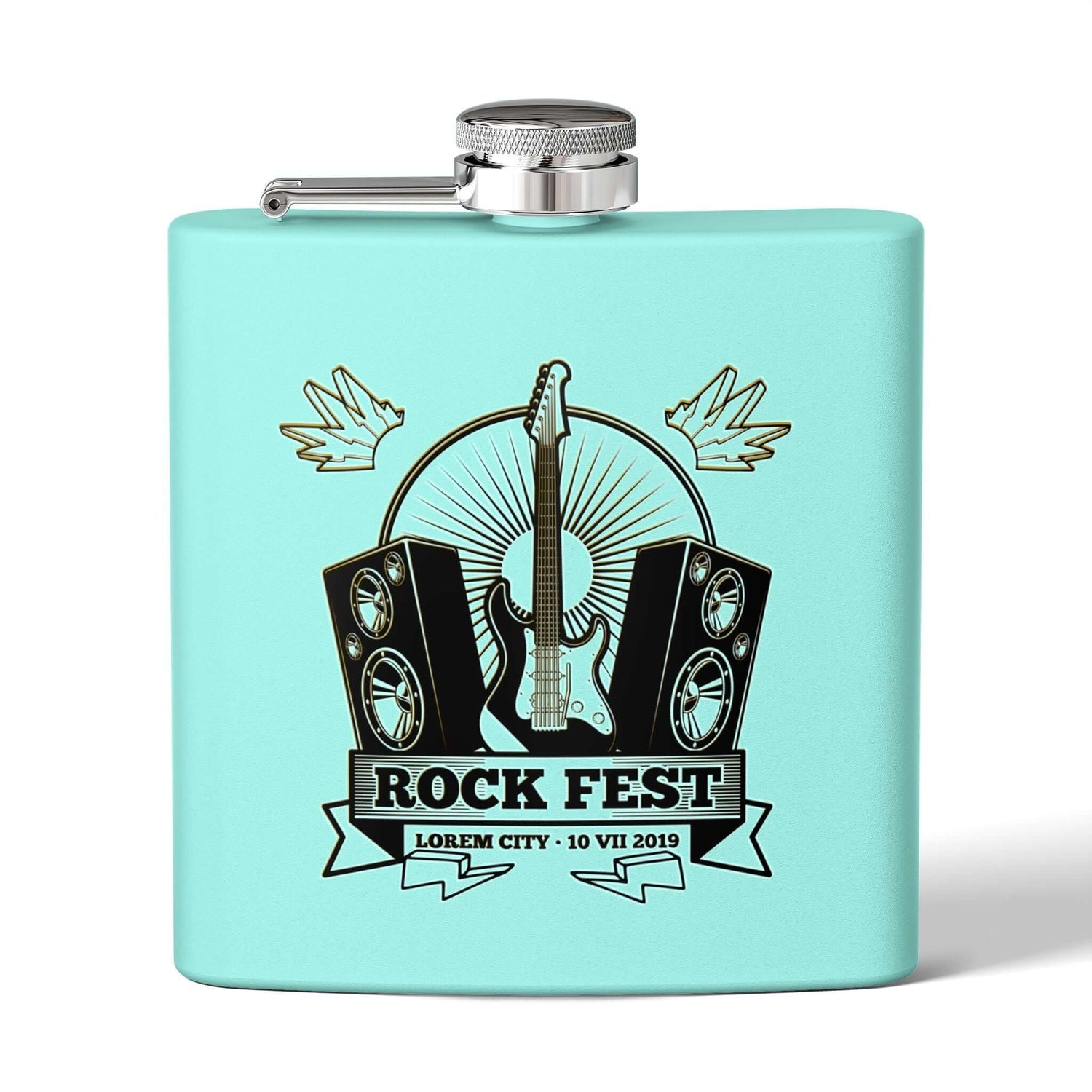 Rock Fest Edelstahl-Flachmann in türkis mit Musikmotiven, ideal für Konzerte und Festivals, Details für Edelstahl-Flachmann für Soldaten ansehen
