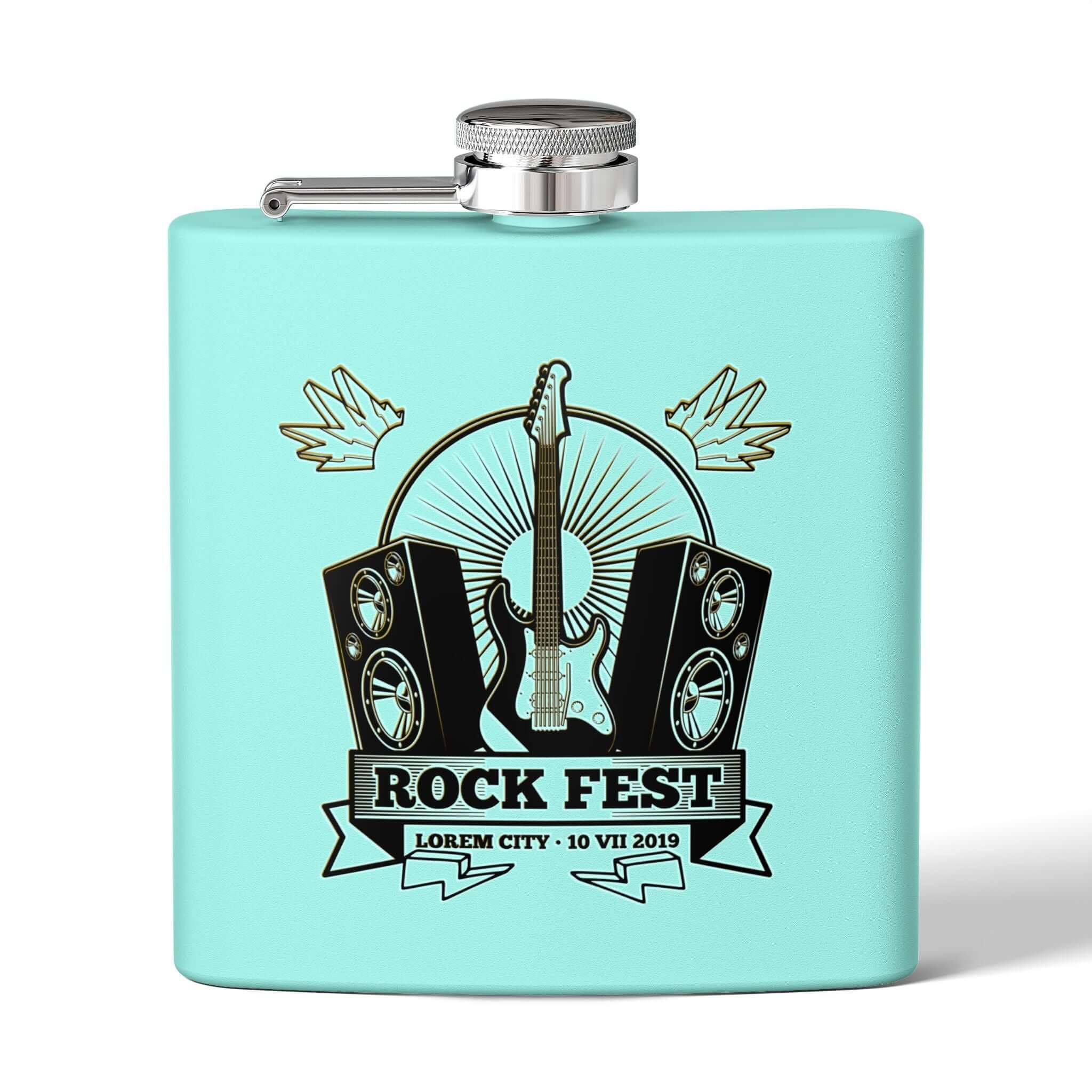 Rock Fest Edelstahl-Flachmann in türkis mit Musikmotiven, ideal für Konzerte und Festivals, Details für Edelstahl-Flachmann für Soldaten ansehen