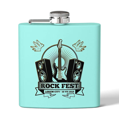 Rock Fest Edelstahl-Flachmann in türkis mit Musikmotiven, ideal für Konzerte und Festivals, Details für Edelstahl-Flachmann für Soldaten ansehen