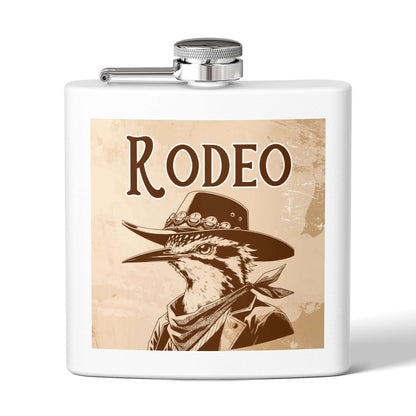 Rodeo-Flachmann aus Edelstahl für Fans mit Vogel im Cowboy-Outfit