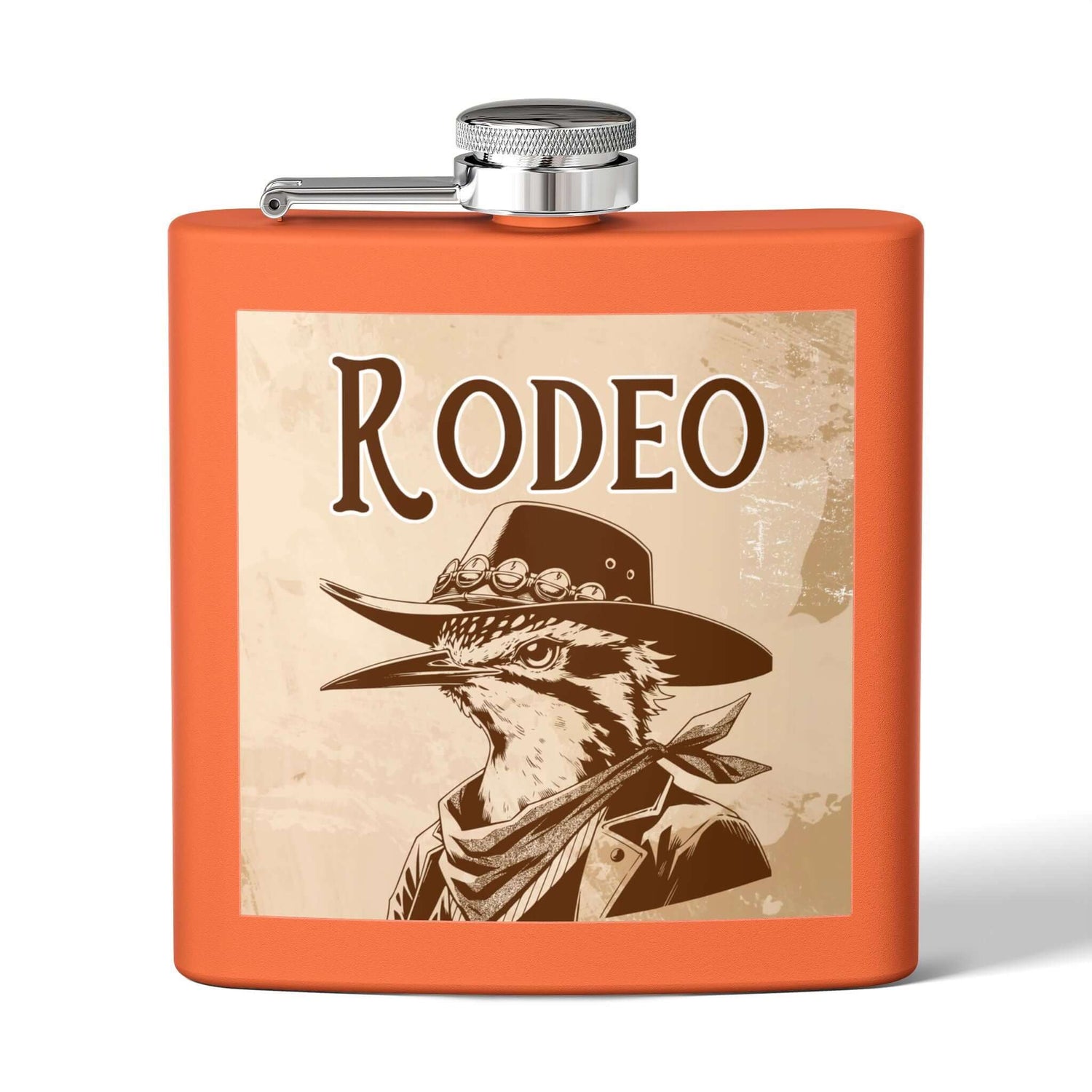 Rodeo-Flachmann aus Edelstahl für Fans mit Cowboy-Vogel-Design, ideal für Abenteuer und Feiern, 6oz kompakte Trinkflasche.