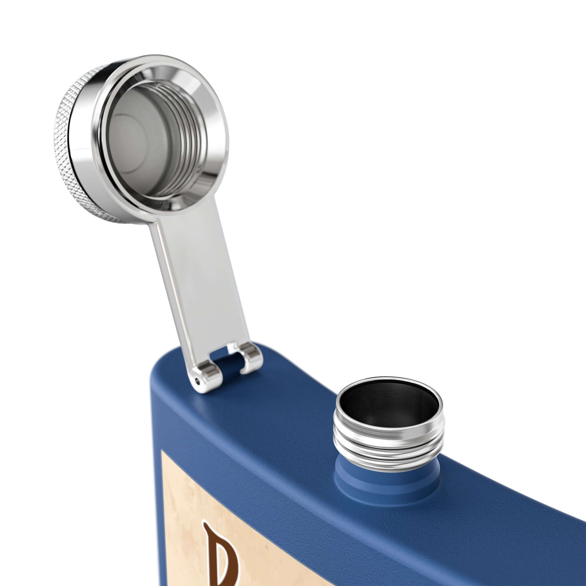 Rodeo-Flachmann aus Edelstahl für Fans mit offenem Schraubverschluss auf blauem Hintergrund