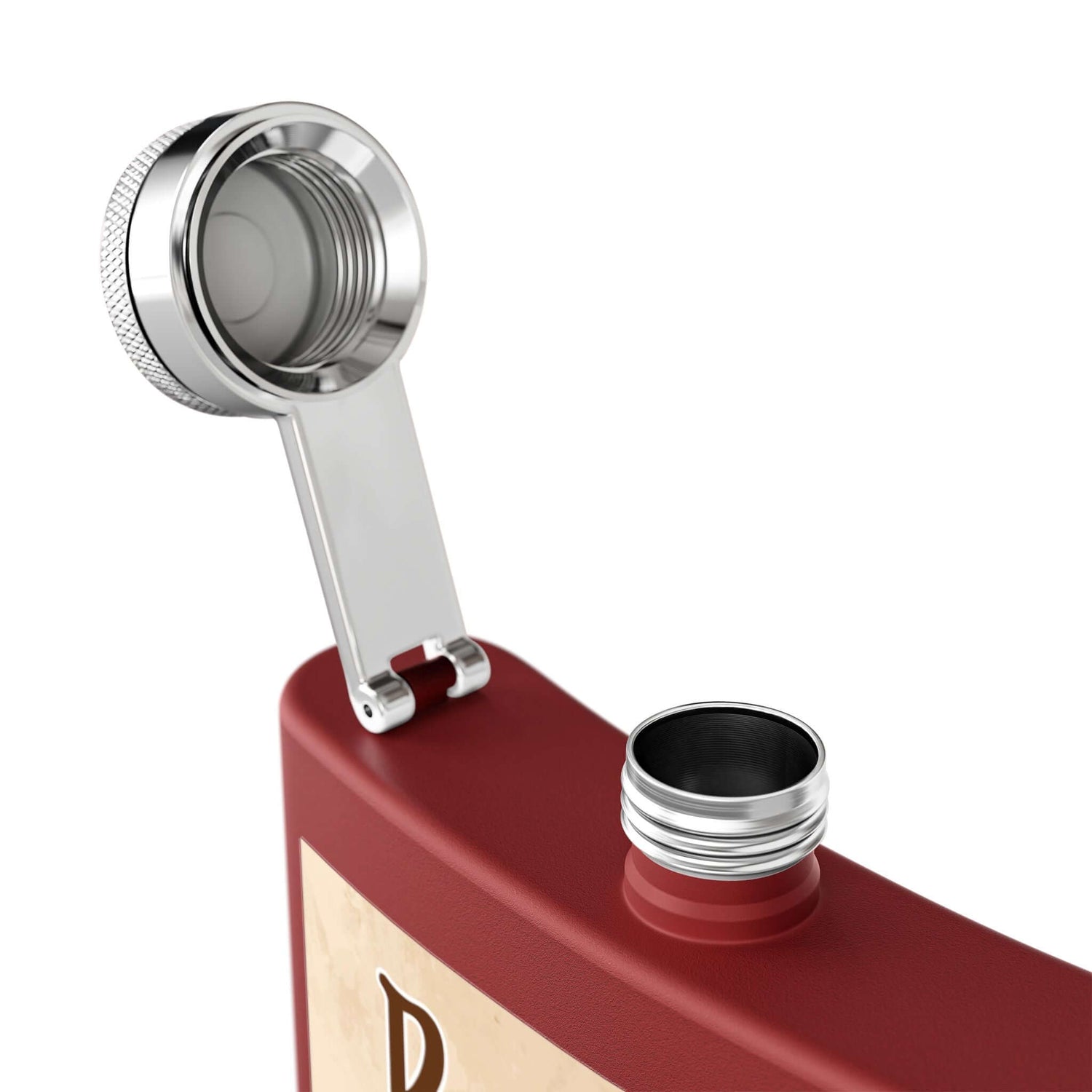 Rodeo-Flachmann aus Edelstahl für Fans mit offenem Deckel, zeigt die hochwertige Verarbeitung des Edelstahl Flachmanns.