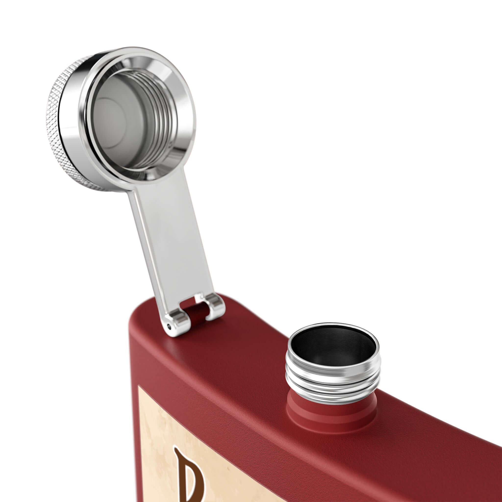 Rodeo-Flachmann aus Edelstahl für Fans mit offenem Deckel, zeigt die hochwertige Verarbeitung des Edelstahl Flachmanns.