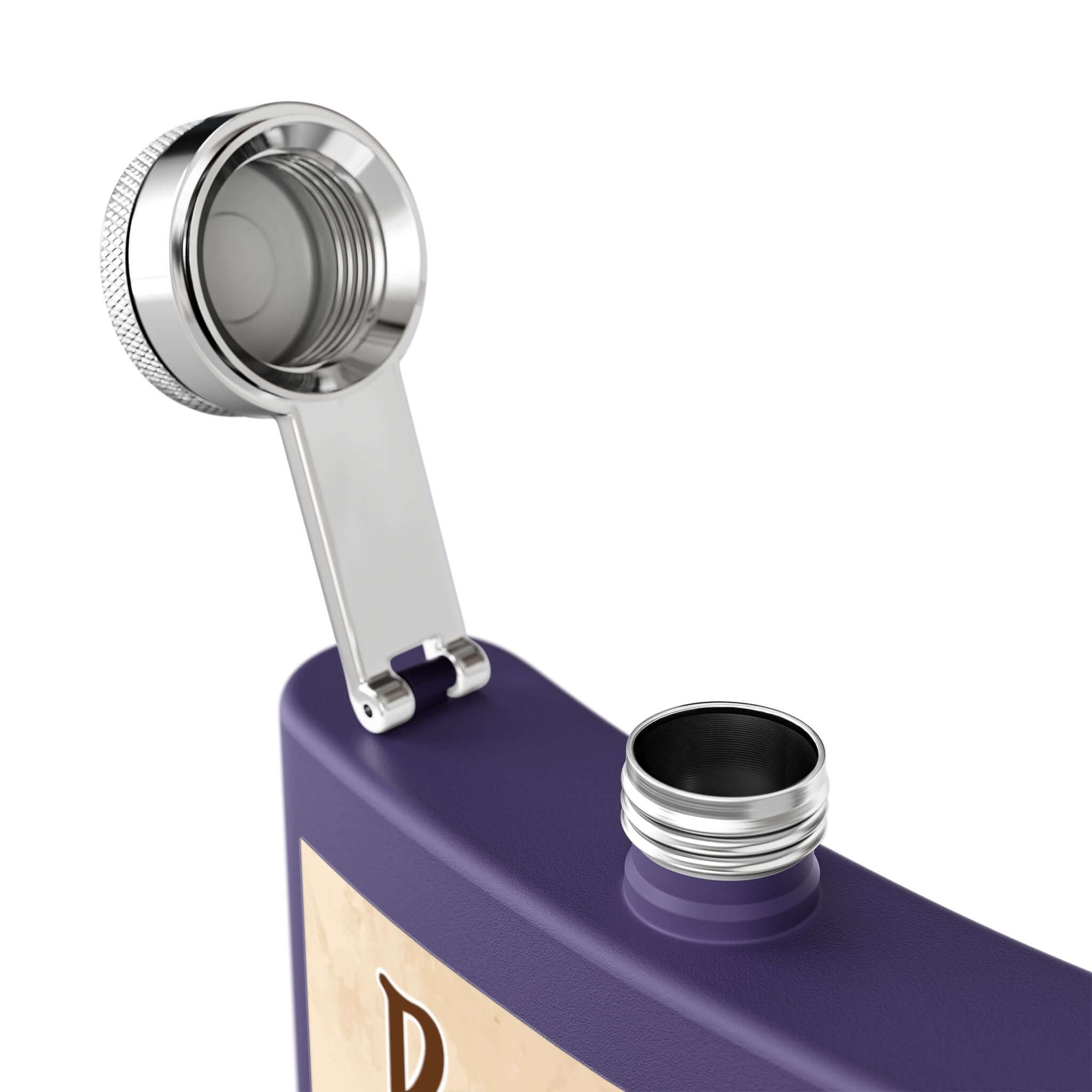 Rodeo-Flachmann aus Edelstahl für Fans in Nahaufnahme, zeigt die geöffnete Verschlusskappe und das hochwertige Design des Flachmanns.