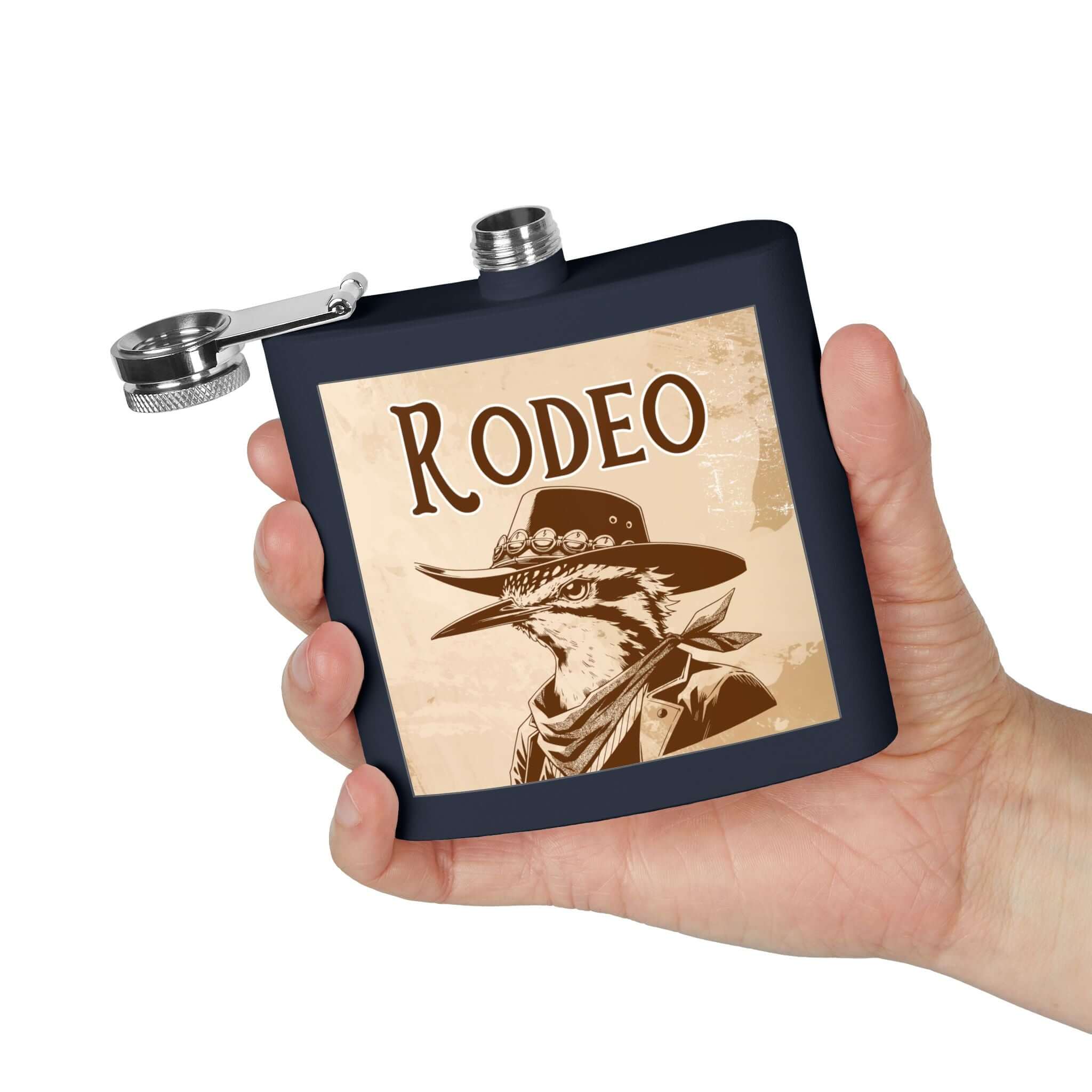 Hand holding Rodeo-Flachmann aus Edelstahl für Fans with bird design, compact 6oz stainless steel flask with double-walled insulation.