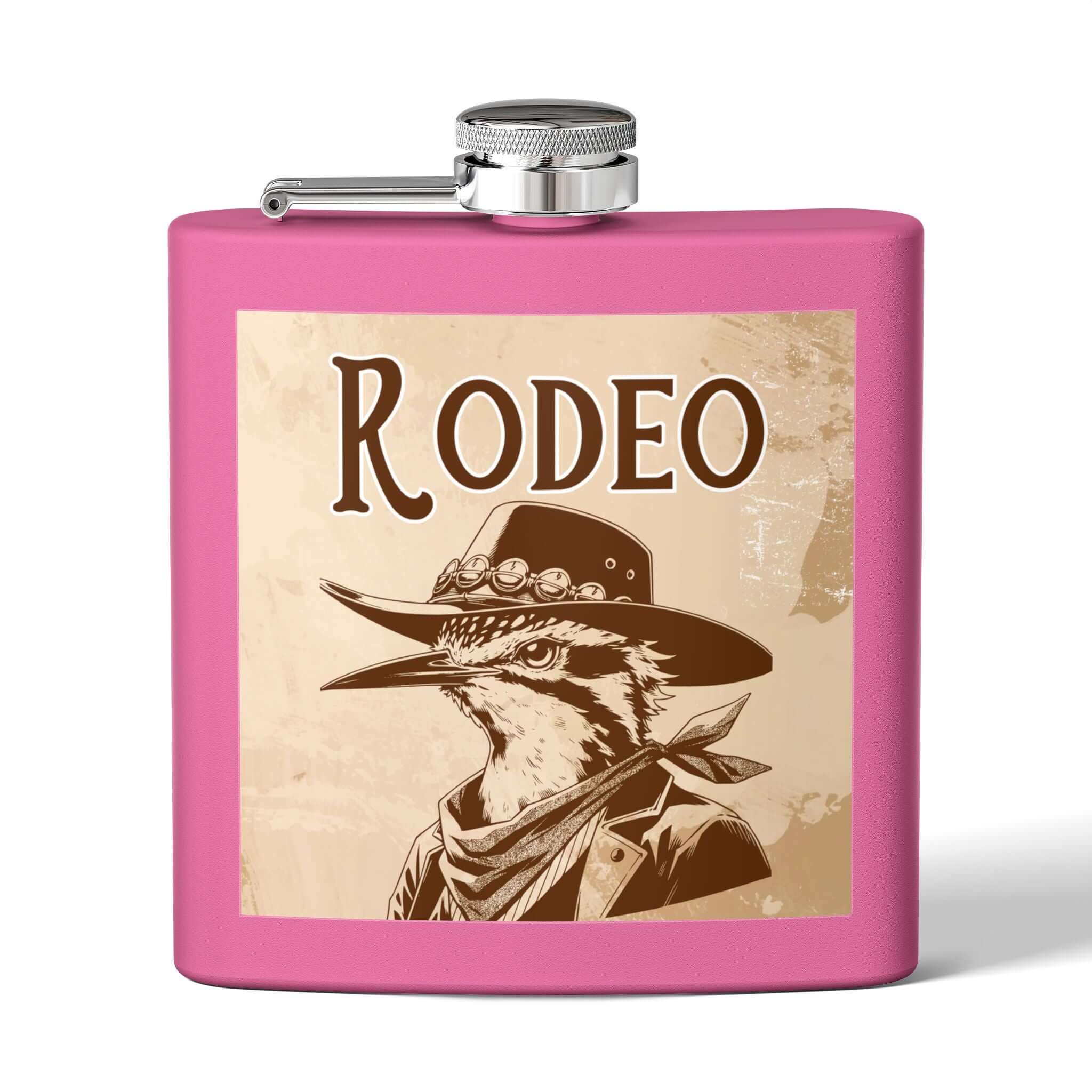Rodeo-Flachmann aus Edelstahl für Fans in rosa mit Vogelmotiv und Cowboyhut, ideal für stilvolle Ausflüge, Edelstahl Flachmann Highlight.