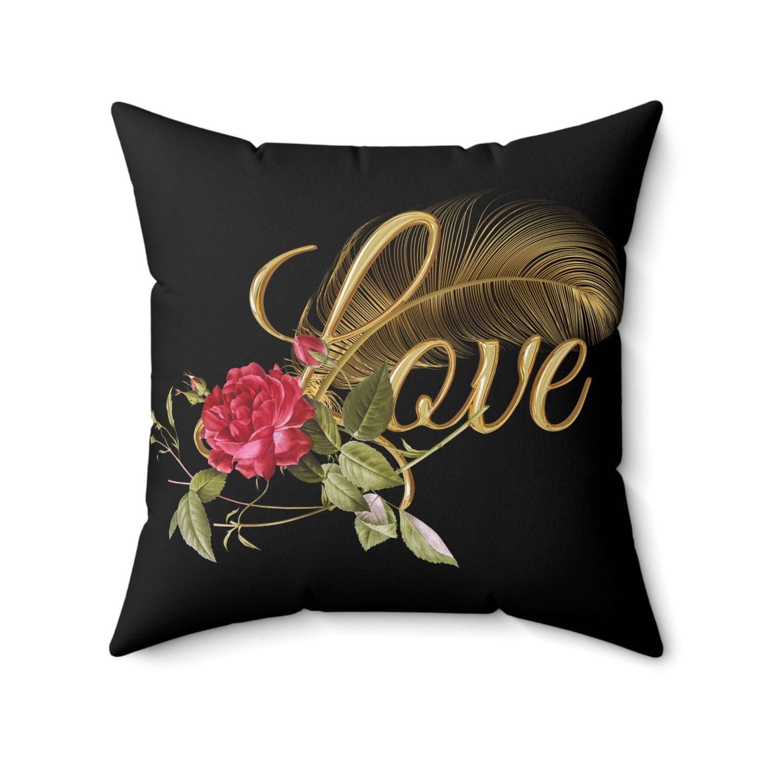 Romantisches Blumenkissen, Dekokissen, Wohndekor mit rosa Rosen und "Love" Schriftzug auf schwarzem Hintergrund.