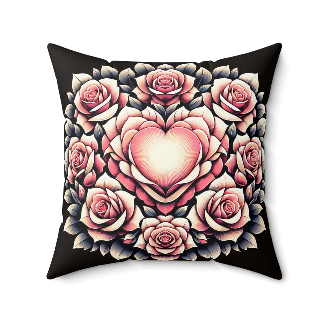Romantisches Blumenkissen gemütliches Wohndekor mit rosanem Blumenmuster auf schwarzem Hintergrund, ideales Kissen für Wohnraumdekoration.