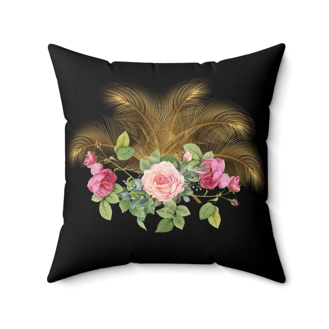 Romantisches Blumenliebeskissen Dekoratives Kissen mit Blumenmuster auf schwarzem Hintergrund, dekoratives Wohnaccessoire für romantische Atmosphäre.