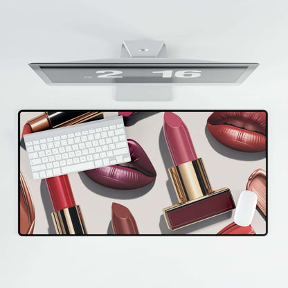 Schicke Lippenstift-Schreibtischmatte mit farbenfrohen Designs unter einer Tastatur und Maus, ideal für kreative Arbeitsbereiche.