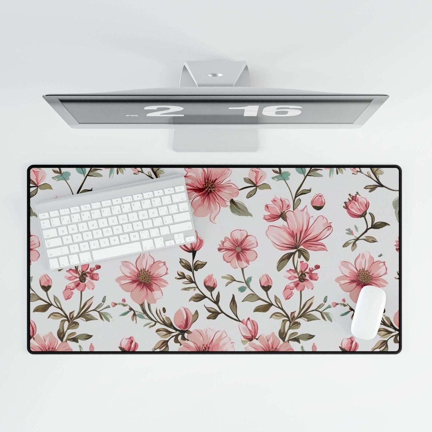 Schreibtischunterlage mit Blumenmuster für stilvolle Arbeitsplatz, perfekte Dekoration für Büro oder Heimarbeitsplatz mit Tastatur und Maus.