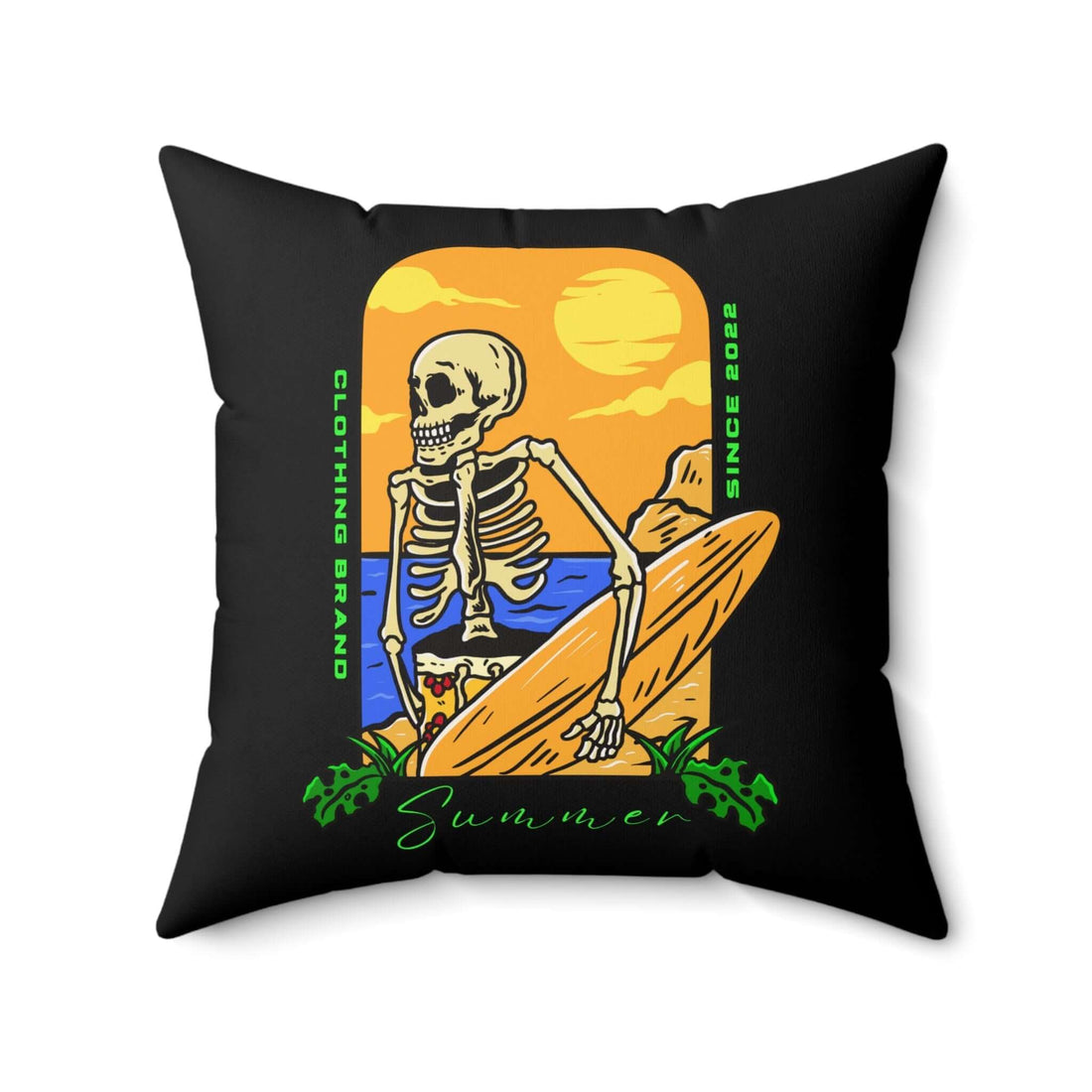 Skelettkissen mit Sommerstimmung – Stranddekor, lustiger Akzent, quadratisches Kissen mit farbigem Skelett am Strand, ideal für Sommerdekor.
