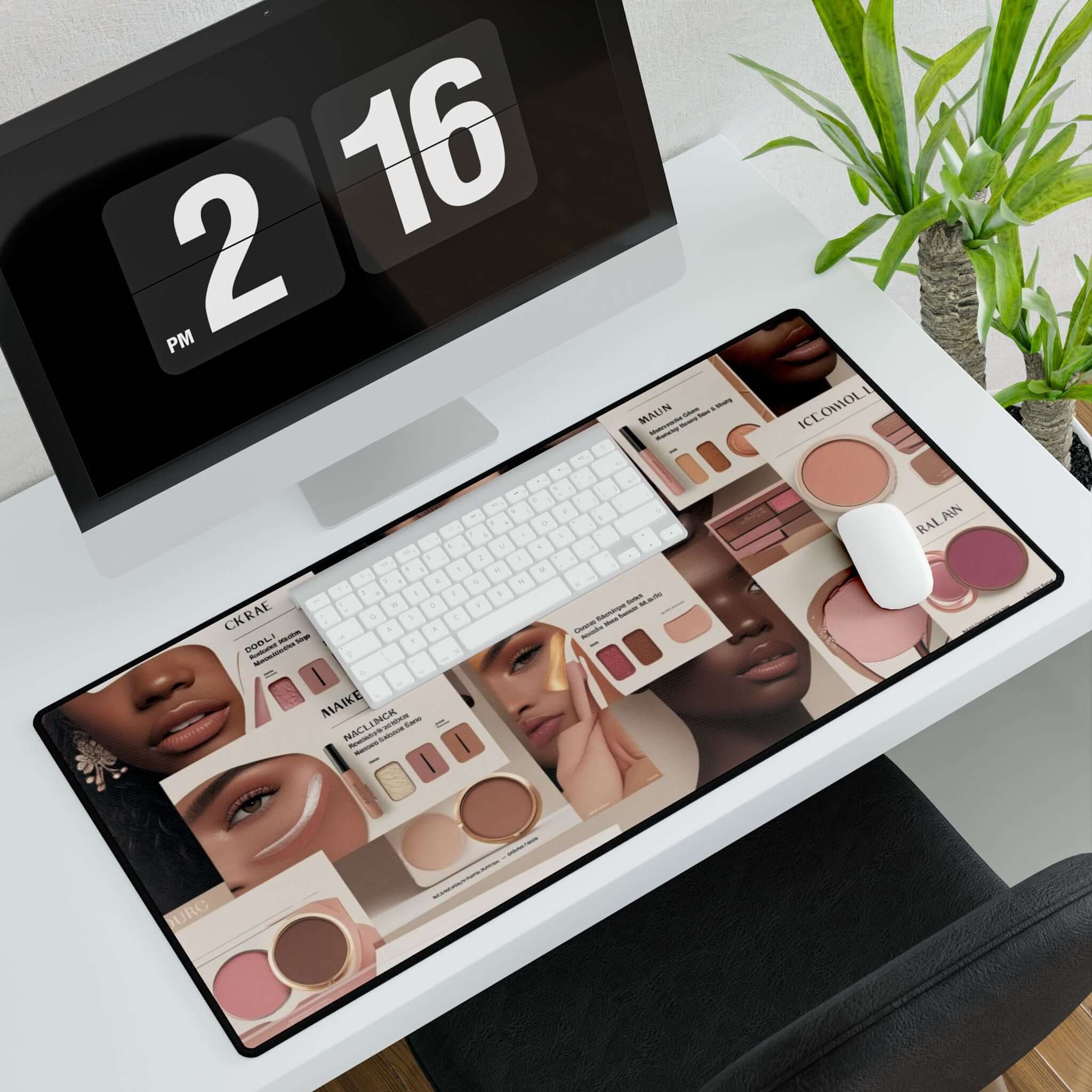 Stilvolle Schreibtischunterlagen, schickes Bürodekor mit Makeup-Motiv unter Computer - ideal für kreative Büroeinrichtung.