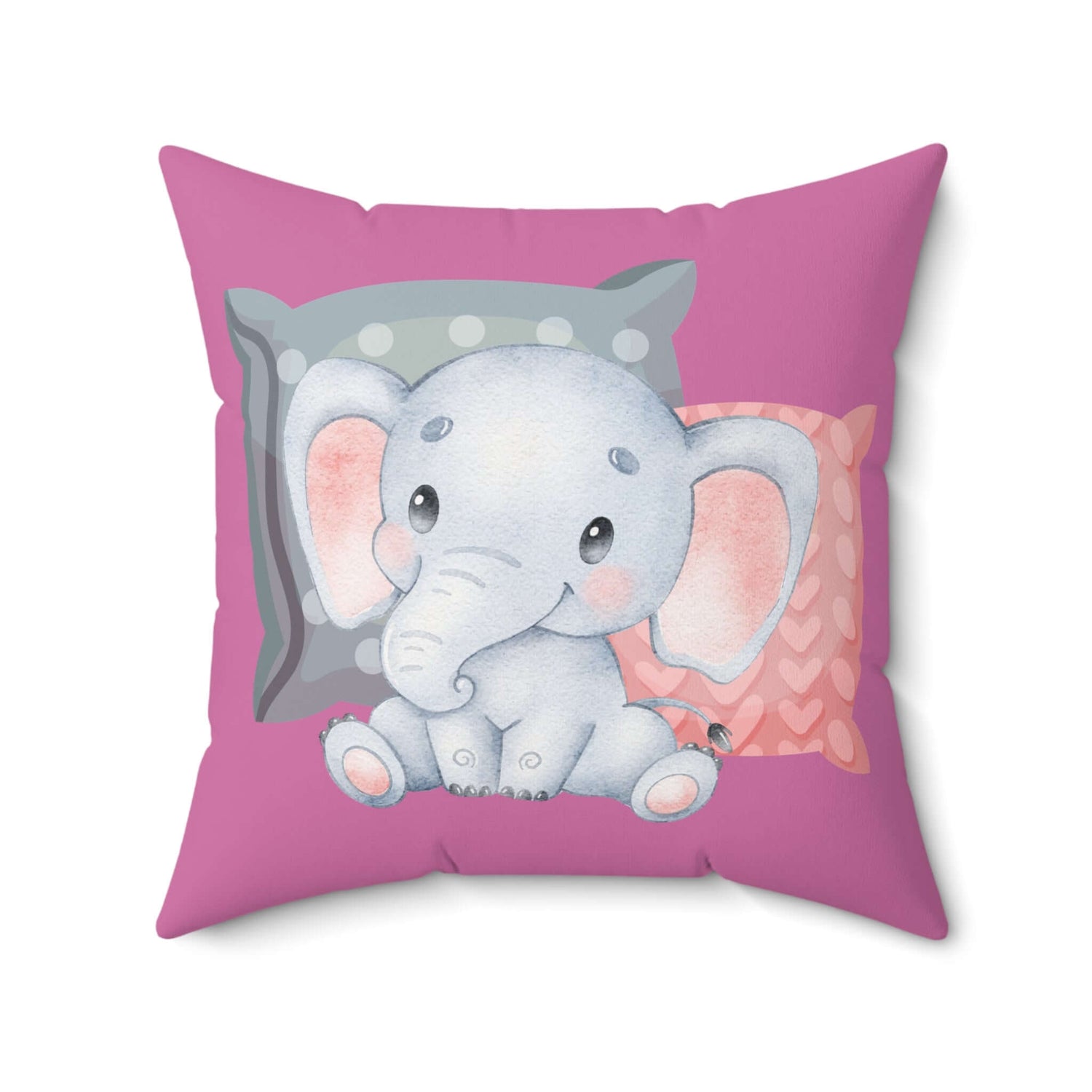 Süßes Elefantenkissen für Kinderzimmer Deko mit Elefanten-Design, quadratisch, rosa Hintergrund, ideal für Kinderzimmer-Gestaltung