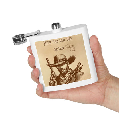 Edelstahl Flachmann Western Cowboy, 170 ml, Hand hält stilvolle Flasche mit Cowboy-Motiv, perfektes Accessoire für Naturfreunde, rostfrei.