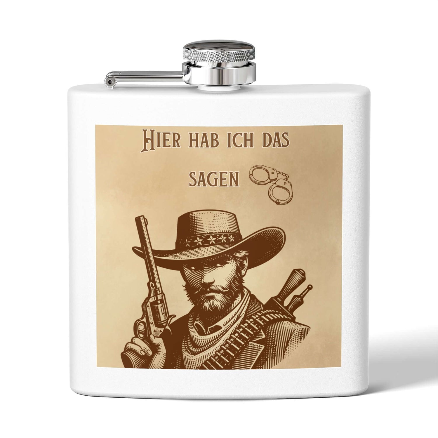 Edelstahl Flachmann Western Cowboy mit Cowboy-Motiv und Gravur in Sepia auf weißem Hintergrund, stilvolle trinken Flasche 170 ml.
