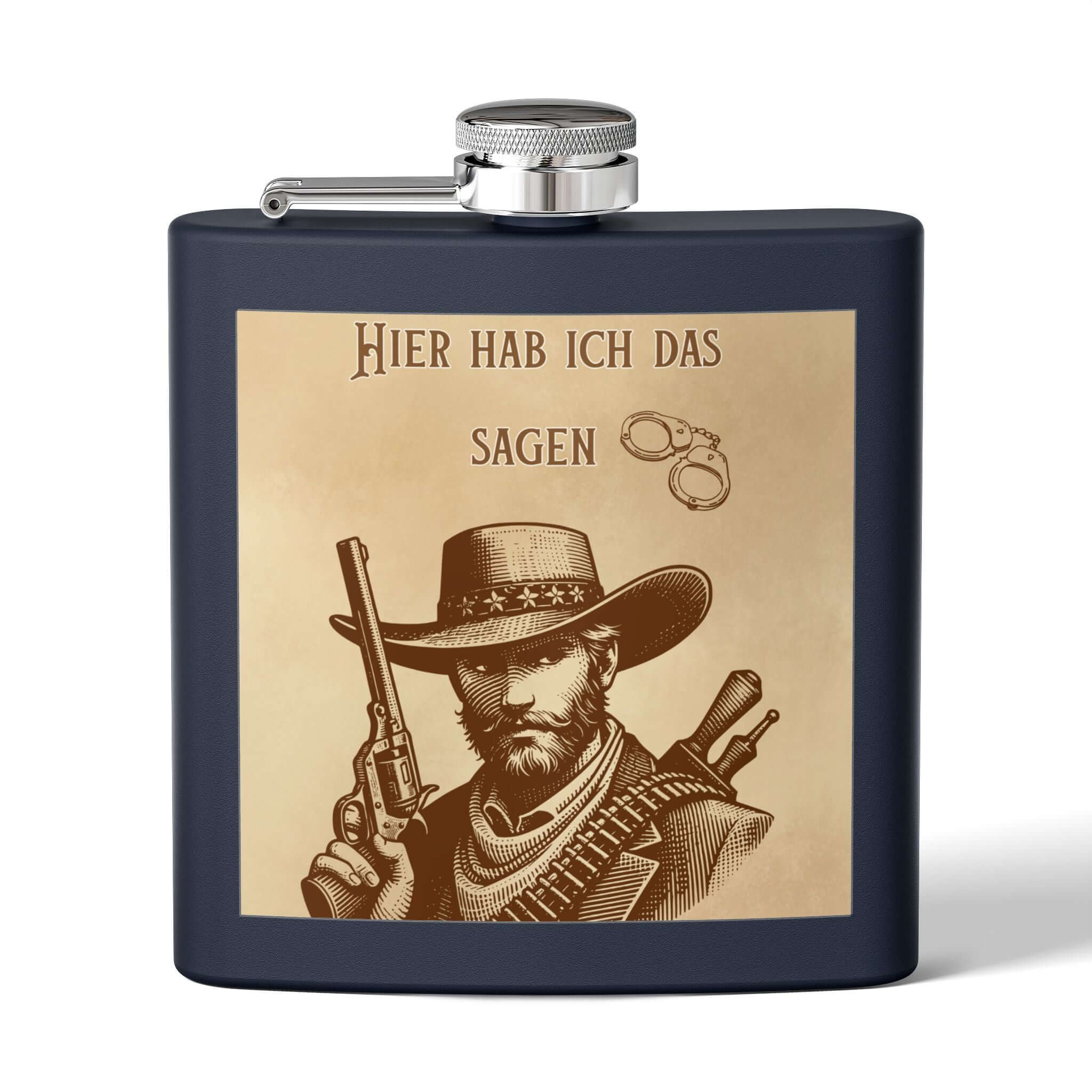 Edelstahl Flachmann Western Cowboy mit Gravur, 170 ml, schmales Design, rostfrei, Cowboy-Motiv und "Hier hab ich das Sagen" Schriftzug.