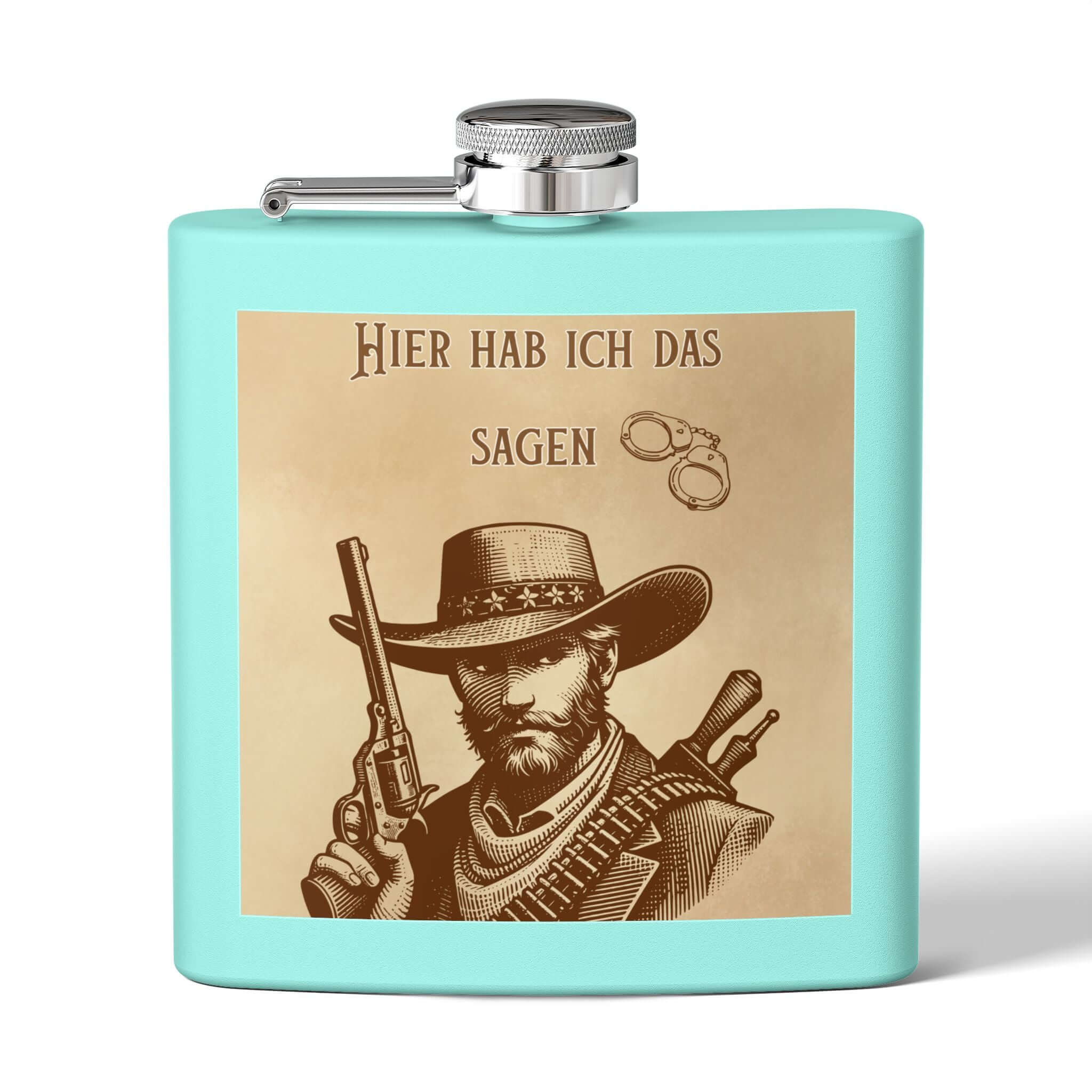 Edelstahl Flachmann Western Cowboy mit Gravur, 170 ml, hellblau mit Cowboy-Motiv, stilvolles Design, ideal für Outdoor-Aktivitäten