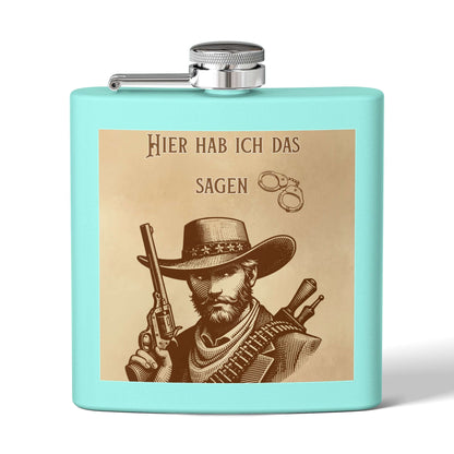 Edelstahl Flachmann Western Cowboy mit Gravur, 170 ml, hellblau mit Cowboy-Motiv, stilvolles Design, ideal für Outdoor-Aktivitäten
